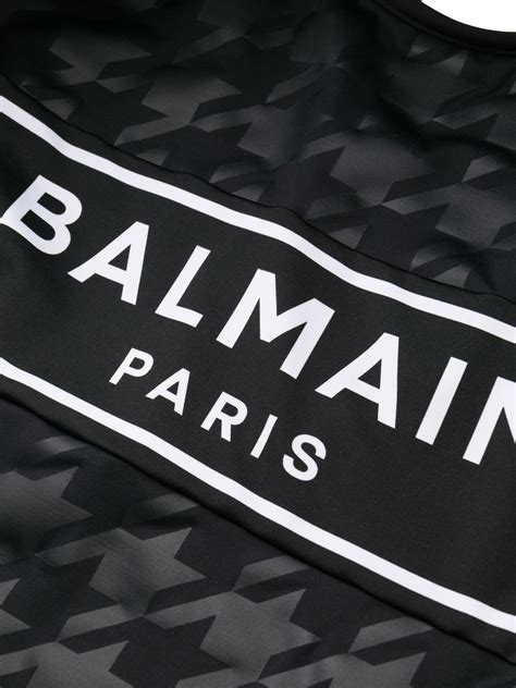 Balmain Houndstooth Print Logo Stripe Swimsuit Farfetch