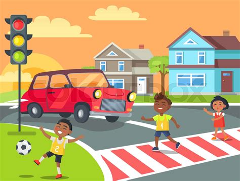 Children Playing And Crossing Road Illustration Stock Vector Colourbox