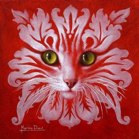 A Painting Of A Cats Face With Green Eyes On A Red Background