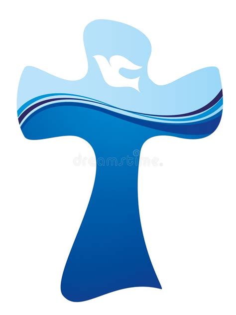 Christian Cross Baptism Symbol With White Dove And Water Waves On Blue