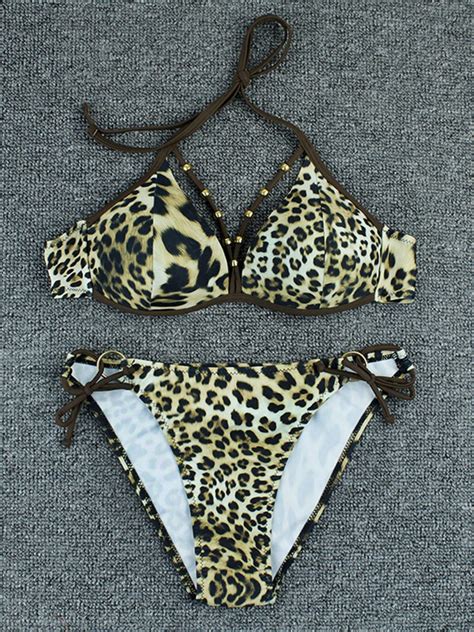 2 Pieces Beaded Leopard Bikini Swimsuit