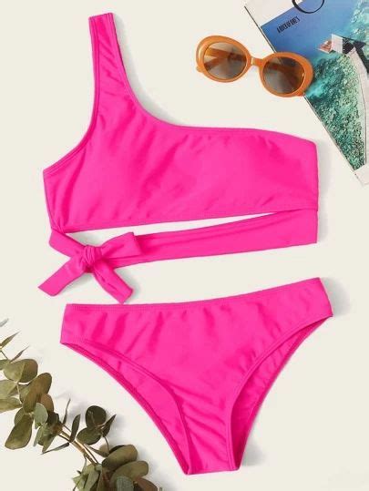 neon pink tie front one shoulder bikini swimsuit one shoulder bikini bikinis neon pink swimsuit