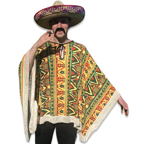 Adults Mens Womens Mexican Fancy Dress Costume Poncho Moustache