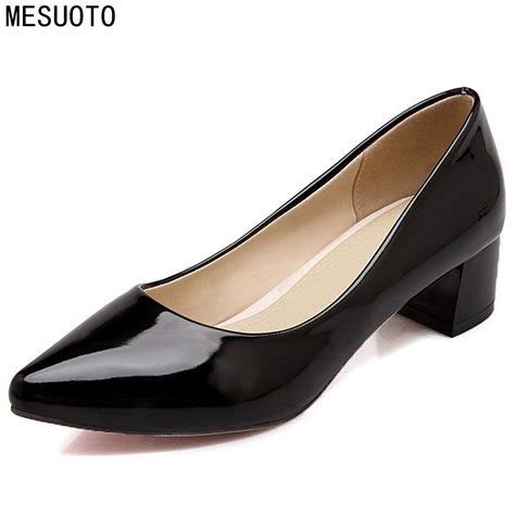 Mesuoto Low Square Heels Womens Pumps Patent Leather Pointed Toe Slip
