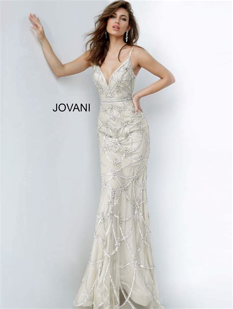 Jovani 4304 Nude Silver Open Back Beaded Evening Dress