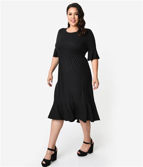 Plus Size Retro Style Black Half Sleeve Peplum Midi Dress Peplum Midi