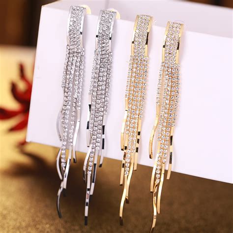 2021 Trendy Elegant Rhinestone Long Tassel Earrings For Women Crystal Big Dangle Drop Earrings