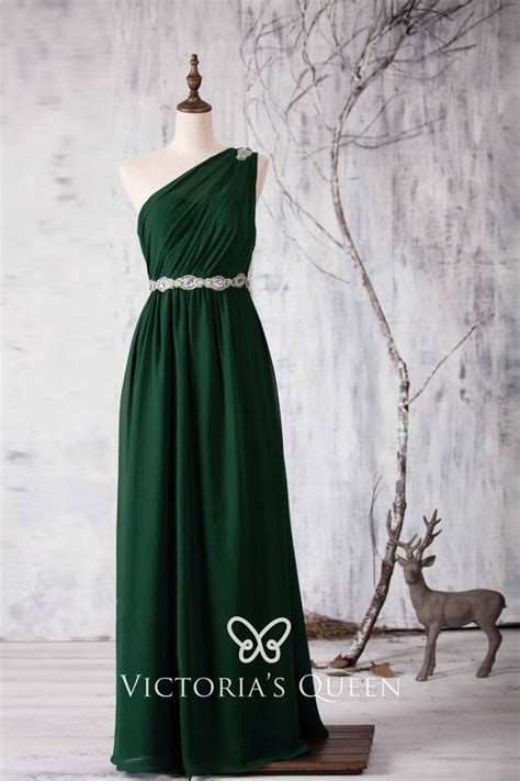 Forest Green Beaded One Shoulder Long Bridesmaid Dress Vq