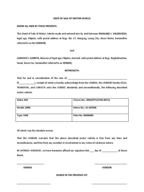 Deed Of Sale Of Motor Vehicle Pdf Deed Document