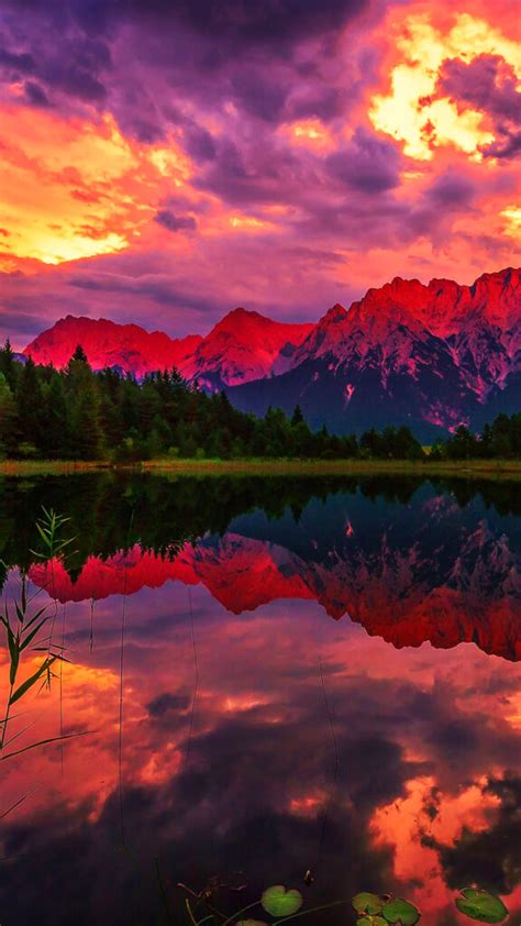 Sunset Red Mountains Lake Clouds Wallpaper Fisoloji