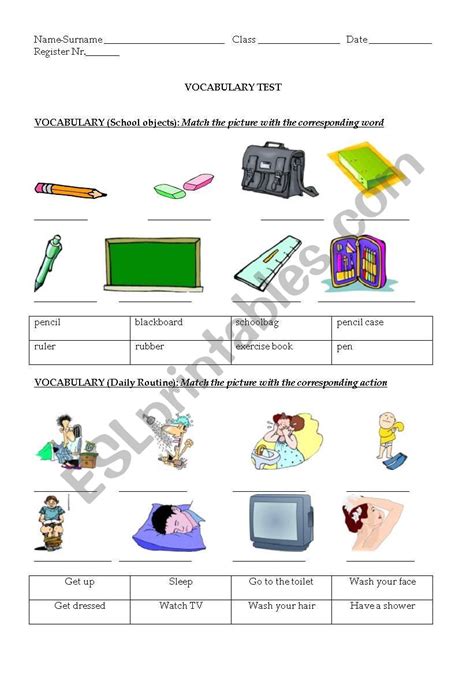 Vocabulary Test About School Objects And Daily Routine Esl Worksheet