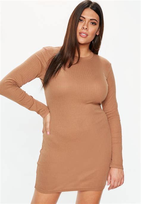 Plus Size Camel Ribbed Bodycon Dress Missguided