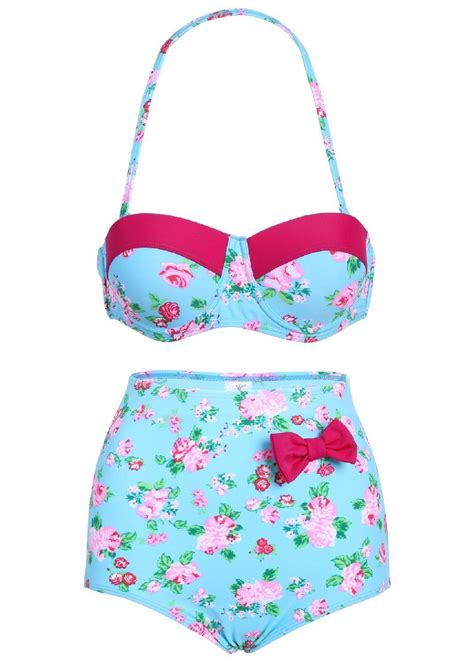 Cocoship Retro Turquoise Blue Flora High Waist Bikini Flattering Bow