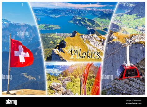 Pilatus Mountain Peak And Lucerne Lake Postcard Collage View With Label