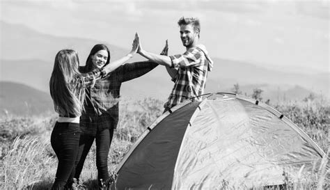 Good Job Teamwork Concept Hiking Activity Friends Set Up Tent On Top