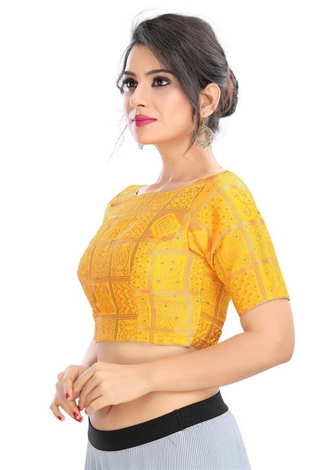 Womens Yellow Brocade Readymade Padded Saree Blouse Om Clothing