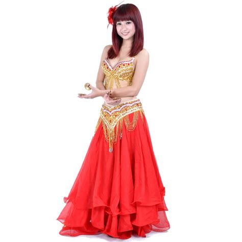 bellyqueen beaded gold and red performance belly dance costumes bra belt and skirt set 805