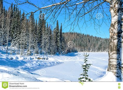 Beautiful Winter Landscape With Ski Run On Frozen Lake