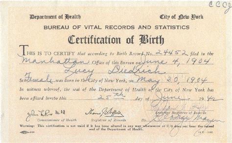 Lucy Diedrich Birth Certificate New York Birth Certificate Vital