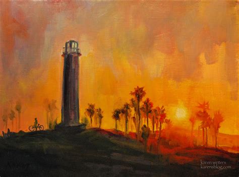 Long Beach Lighthouse Sunset California Impressionist Oil Painting