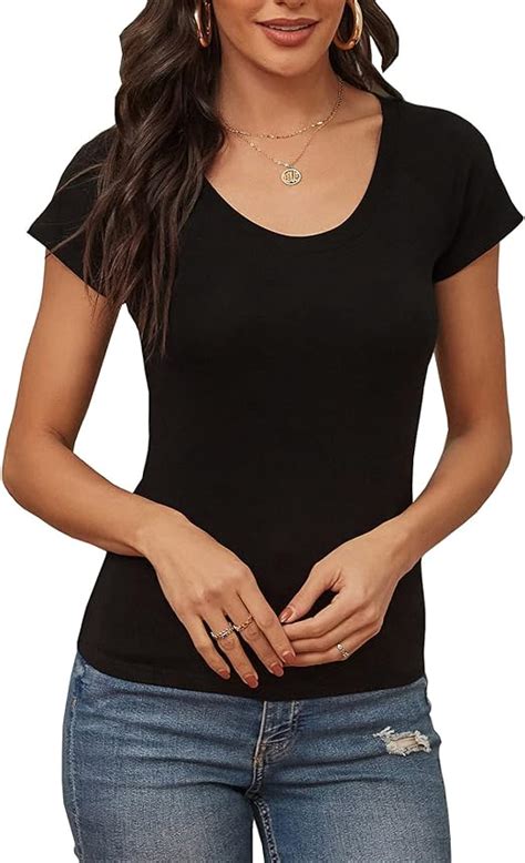 Women S Scoop Neck Slim Fitted Short Sleeve T Shirt Stretchy Plain Basic Tee Tops Black Amazon