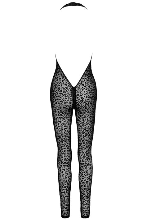 Leopard Mesh Neckholder Catsuit F286 Noir Handmade