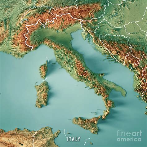 Italy Country 3d Render Topographic Map Border Digital Art By Frank