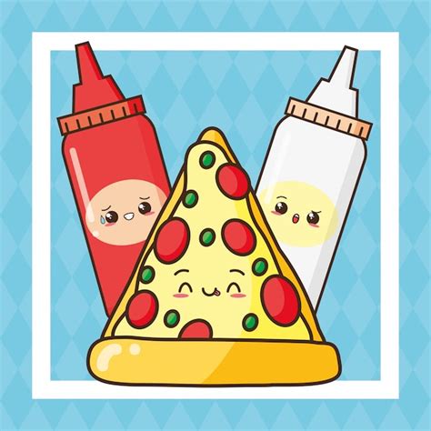 Kawaii Comida Rápida Linda Pizza Y Salsas Ilustración Vector Gratis