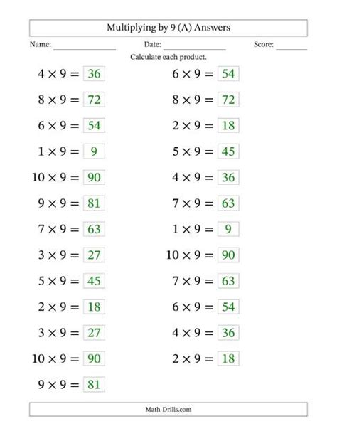 Horizontally Arranged Multiplying 1 To 10 By 9 25 Questions Large