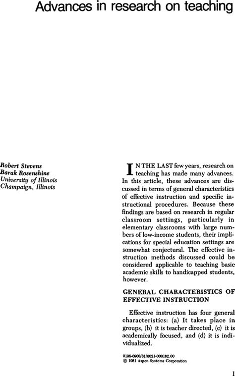 Advances In Research On Teaching Robert Stevens Barak Rosenshine 1981