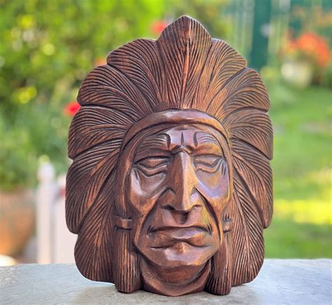 Native American Statue Carved Wood Indian Chief Head Art Etsy