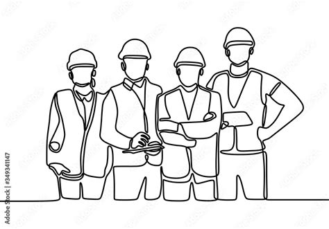 Single Line Drawing Of Young Construction Worker Foreman With Team