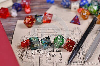 Colorful Tabletop Role Playing RPG Game Dices On Hand Drawn Dungeon Map
