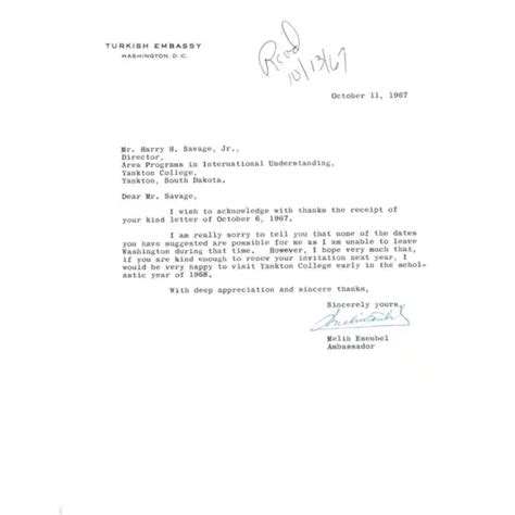 Turkish Embassy Letterhead Memo Melih Esenbel Ambassador Oct 1967 Tk1