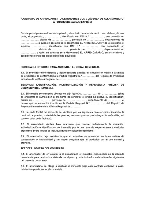 Contrato De Arrendamiento De Inmueble Con Cláusula De Allanamiento A