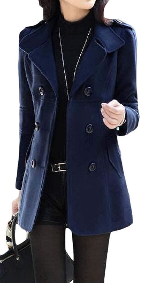 Women Lapel Warm Wool Blend Slim Fit Winter Solid Color Double Breasted