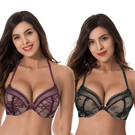 Curve Muse Womens Plus Size Add 1 Cup Push Up Underwire Halter Front Close Bras 2pk Blackwine