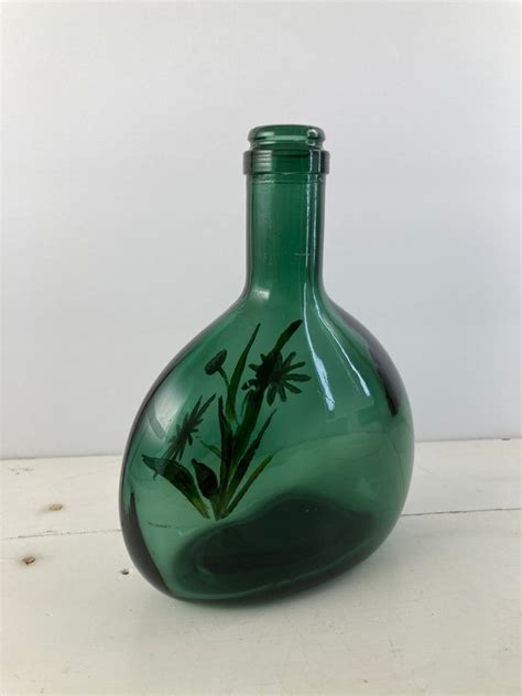Vintage Emerald Green Glass Vase Wine Bottle With Daisy Etsy