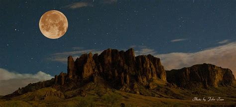 Superstition Mountains At Night With Full Moon And Stars Panoramic