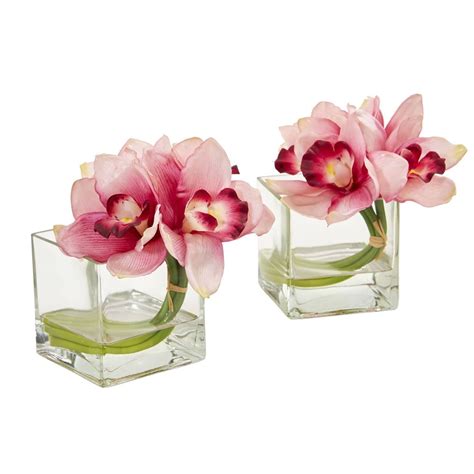 Cymbidium Orchid Artificial Arrangement In Glass Vase Set Of 2 1824 S2 Nearly Natural