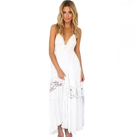 Boho White Maxi Dress Women Sexy Sleeveless Sling Beach Long Sundress