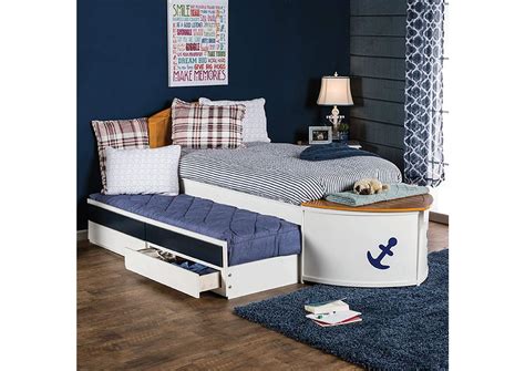 Voyager Whiteoaknavy Blue Twin Captain Bed Wtrundle And 2 Drawers