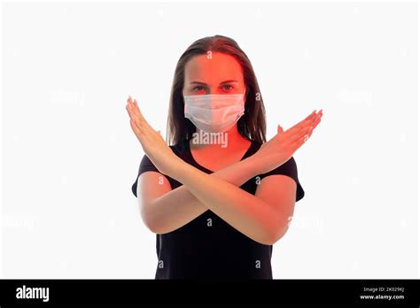 Stop Sign Forbidden Gesture Worried Woman Mask Stock Photo Alamy