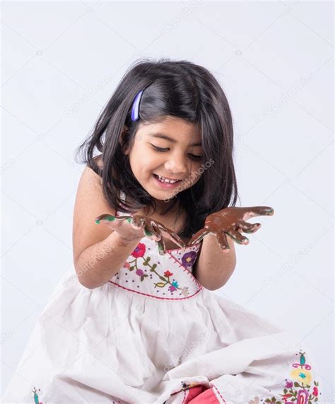 Cute Girl Showing Her Colorful Hands Surprised Indian Young Girl With