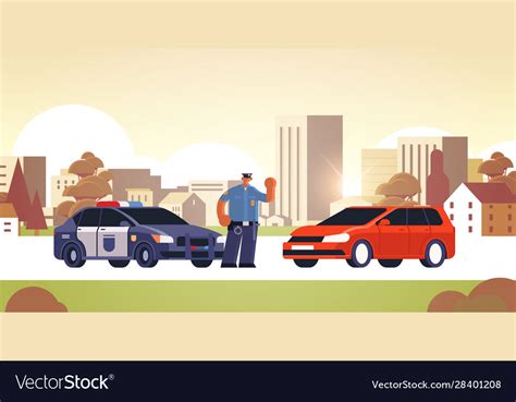 Police Officer Stopping Car Checking Vehicle Vector Image