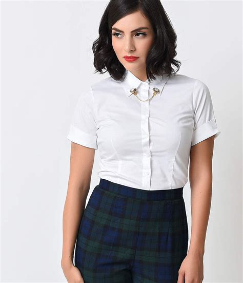 White Collared Short Sleeve Button Up Blouse Unique Vintage Retro Outfits Cool Outfits