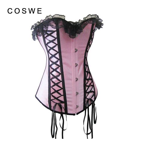 Coswe Front Lacing With Black Lace Overbust Corset Lace Up Back Boned