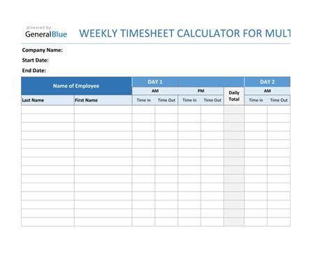 Weekly Timesheet Calculator For Multiple Employees in Excel