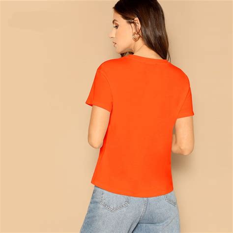Neon Orange Letter Print T Shirt Women 2019 Streetwear Casual Short