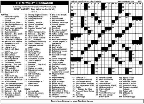 Newsday Crossword Sunday For Aug 01 2021 By Stanley Newman Creators